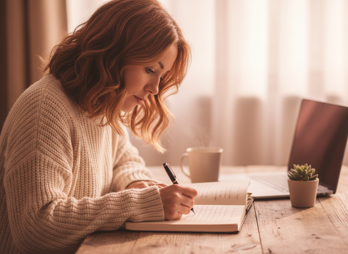Kerry writing at a desk with a notebook and a cup of tea